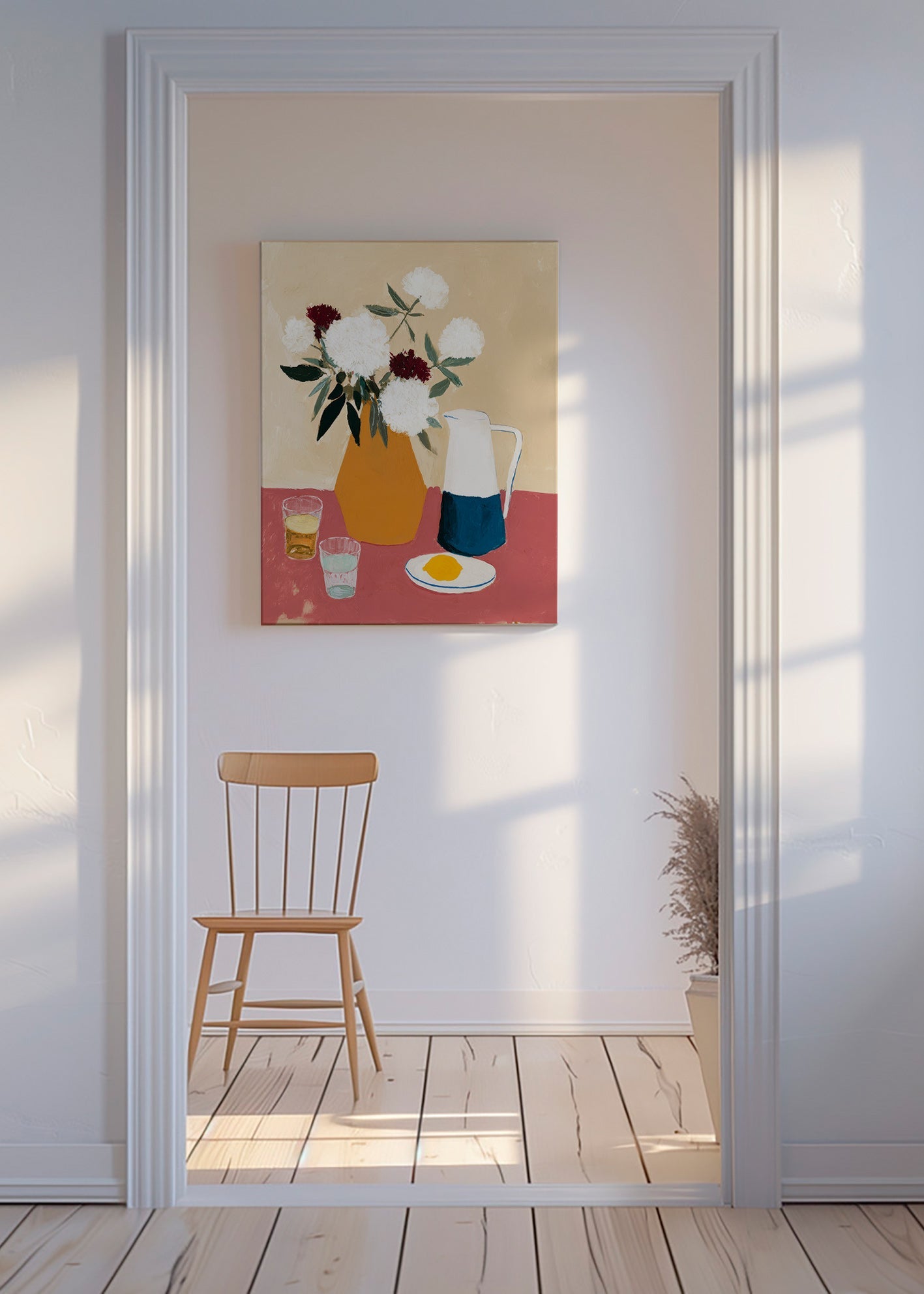 Botanický plakát s vázou a bílými květy – Canvas