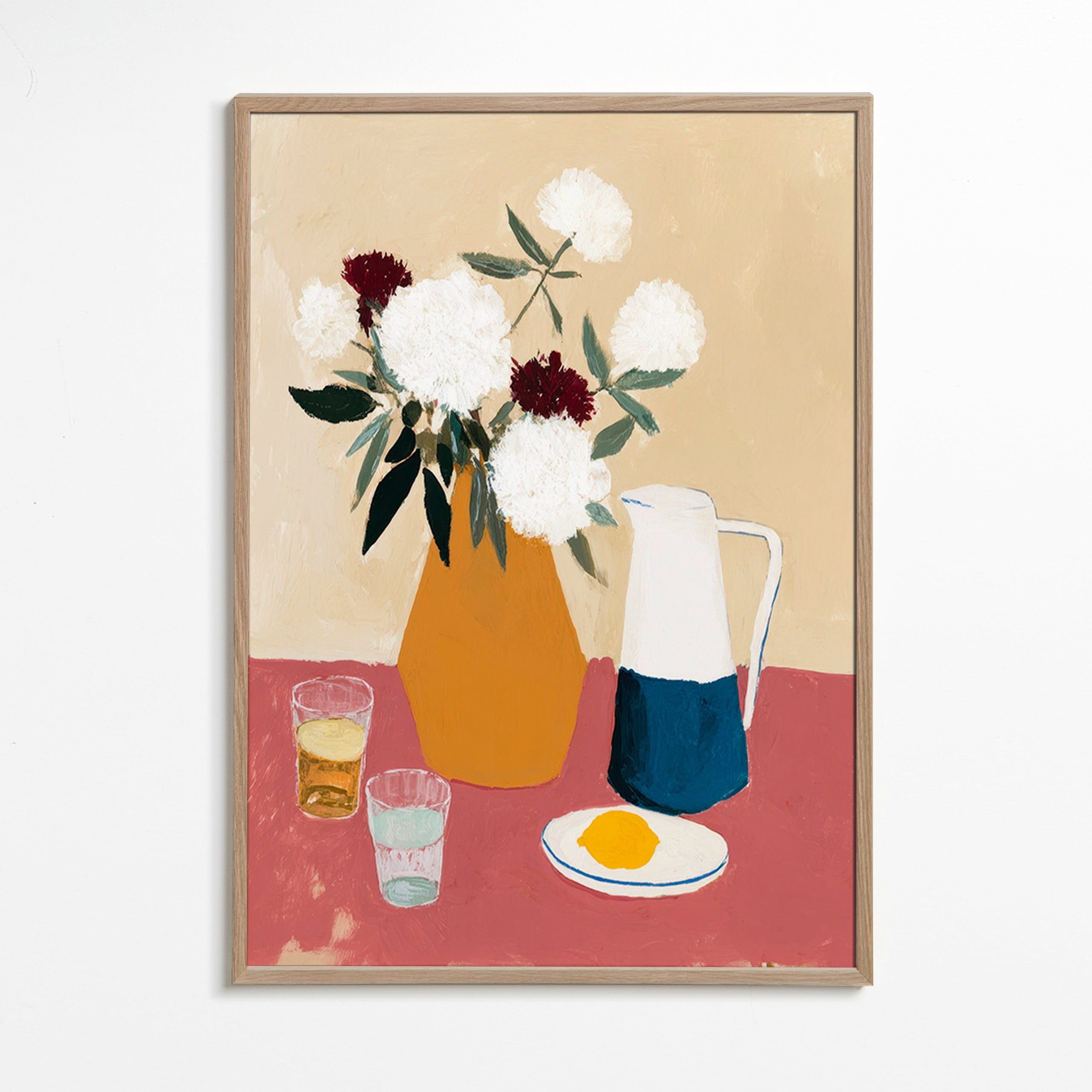 Botanický plakát s vázou a bílými květy – Oak Frame