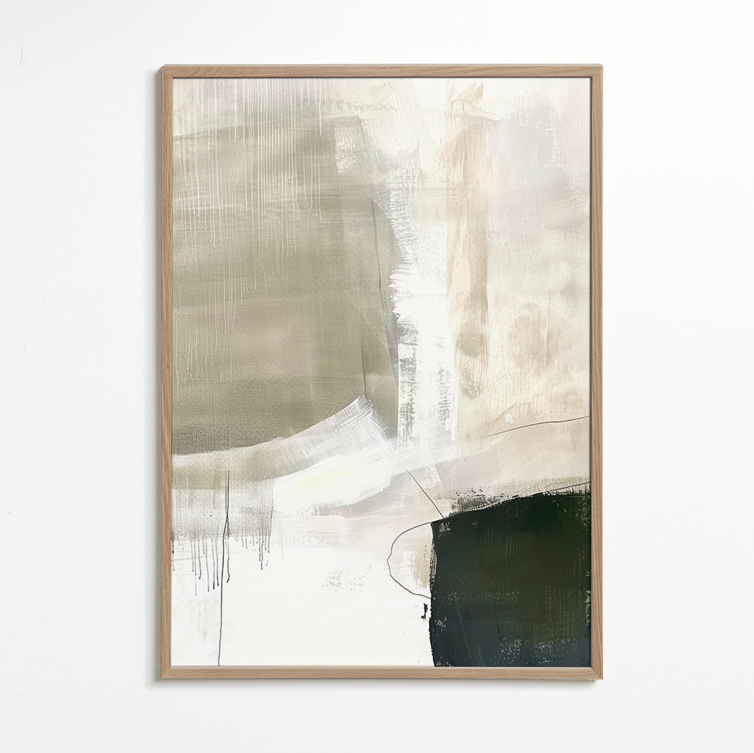 Cuadro abstracto en beige y trazos oscuros – Oak Frame