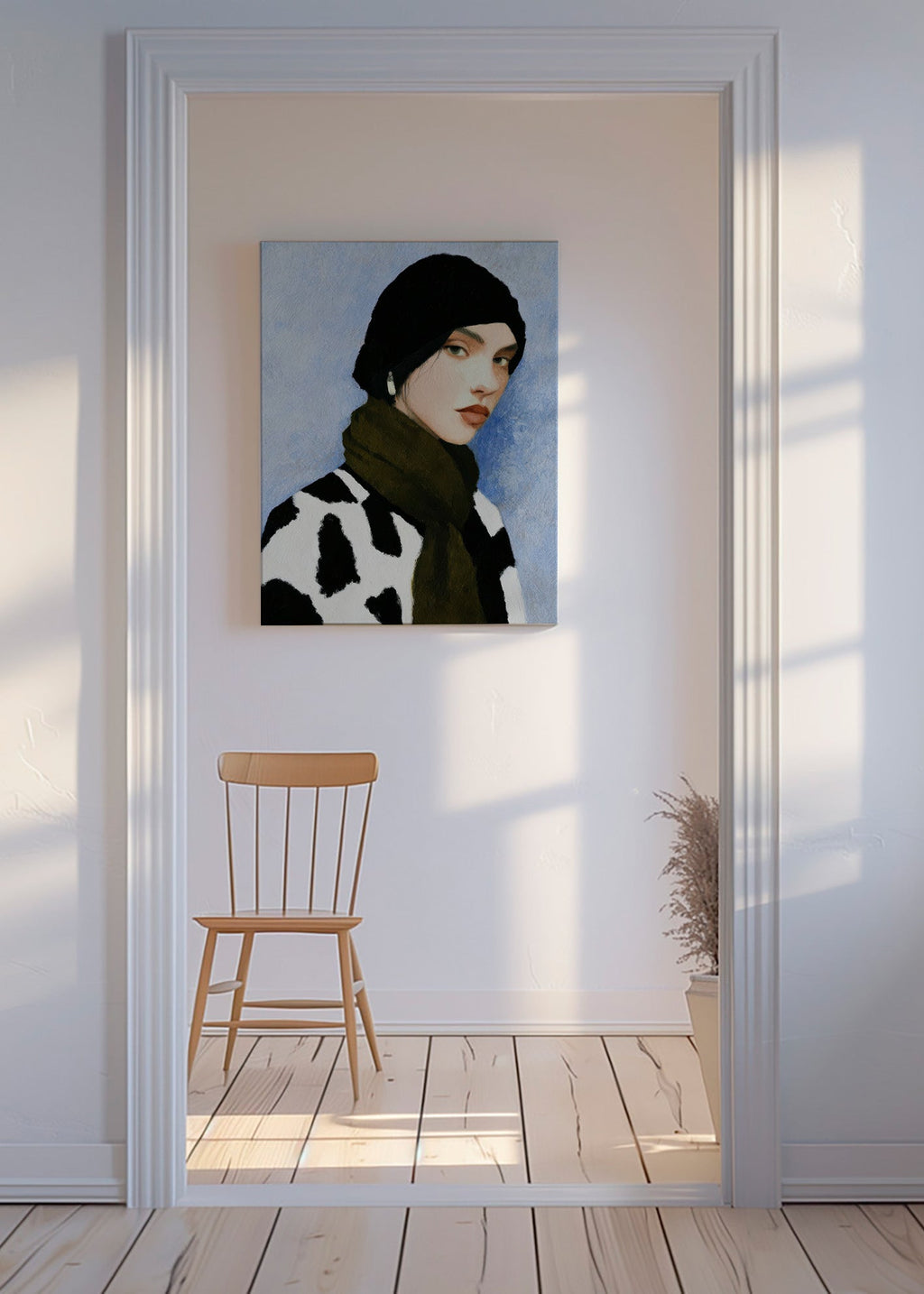 Ilustrace portrétu s kravím vzorem – Canvas