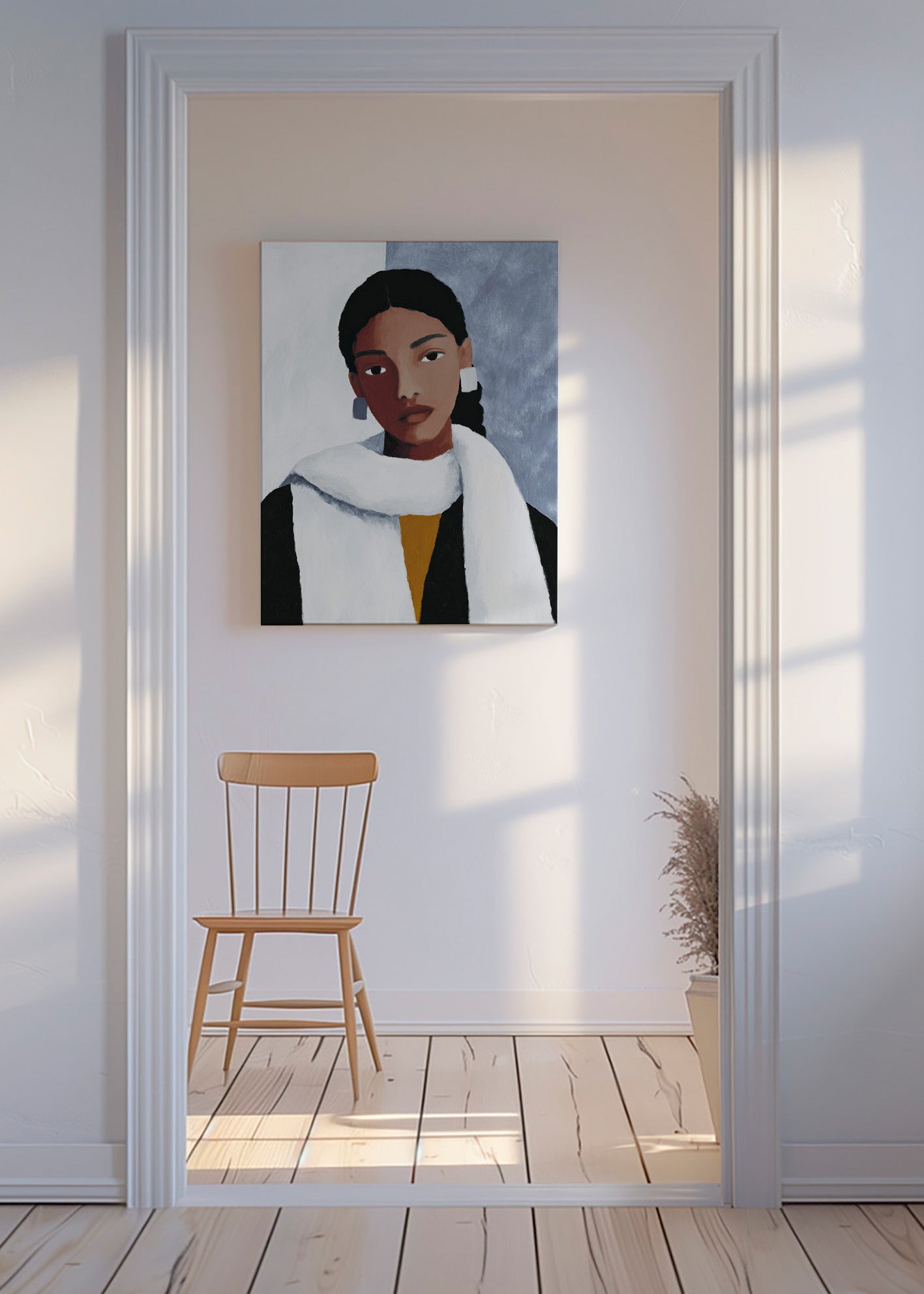 Ilustrace portrétu ženy s bílým šálem – Canvas
