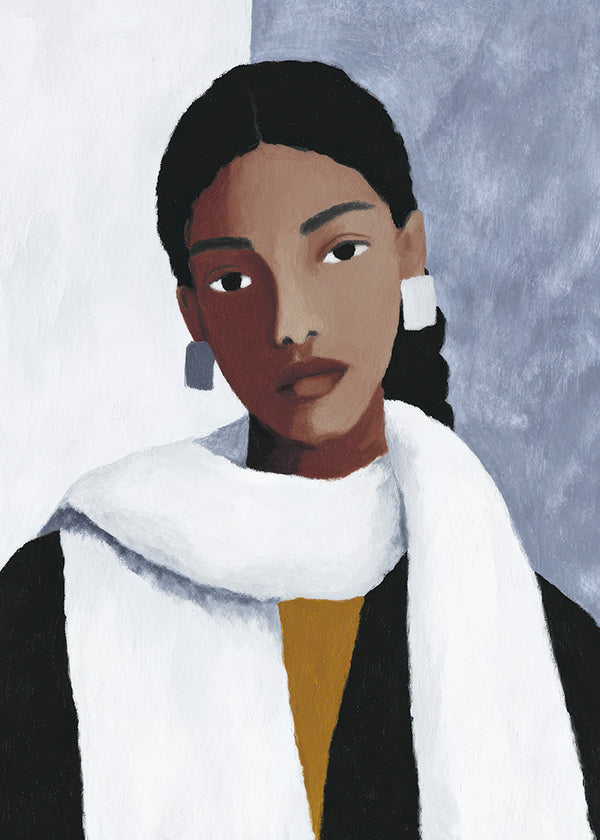 Ilustrace portrétu ženy s bílým šálem
