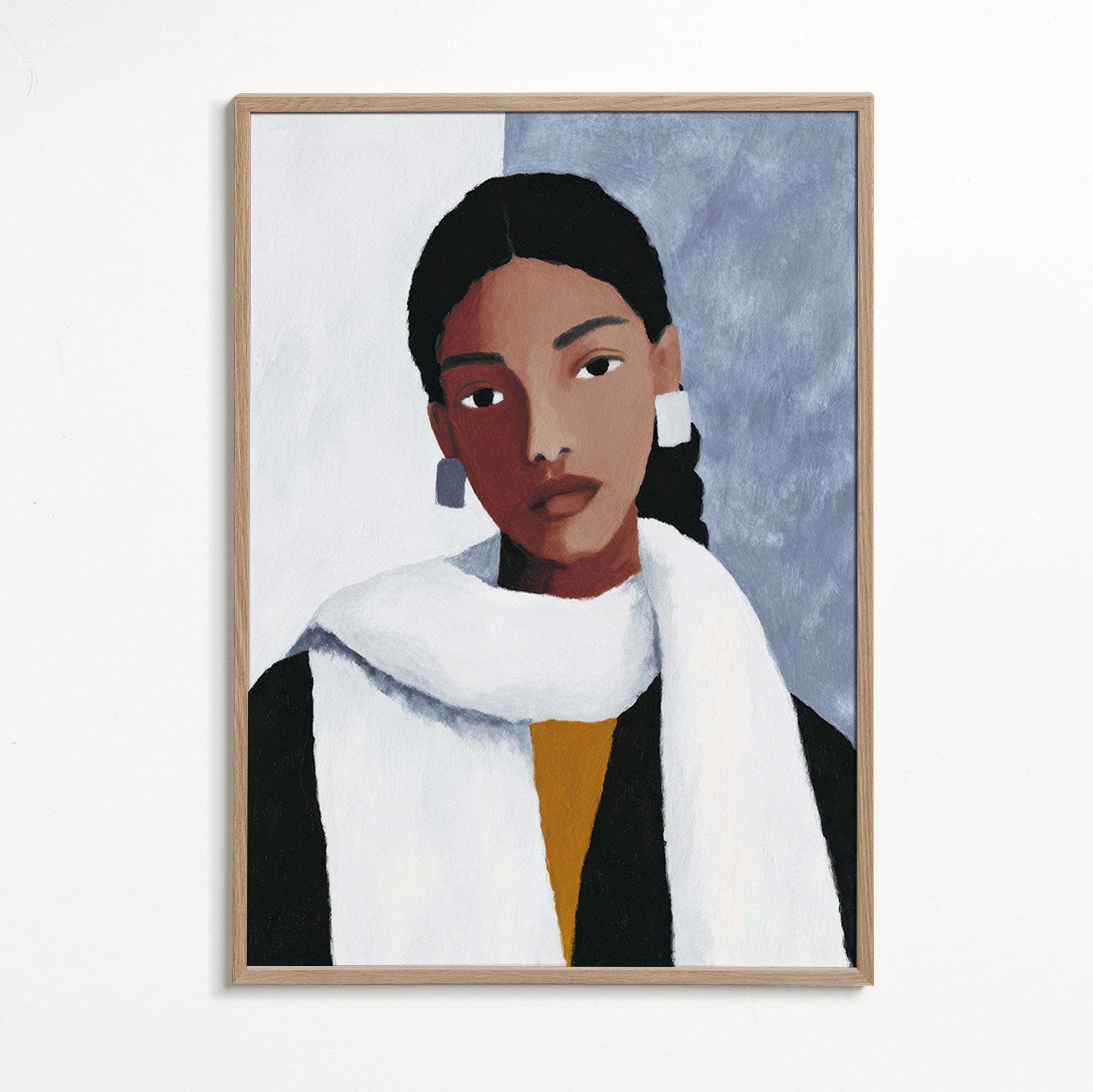 Ilustrace portrétu ženy s bílým šálem – Oak Frame