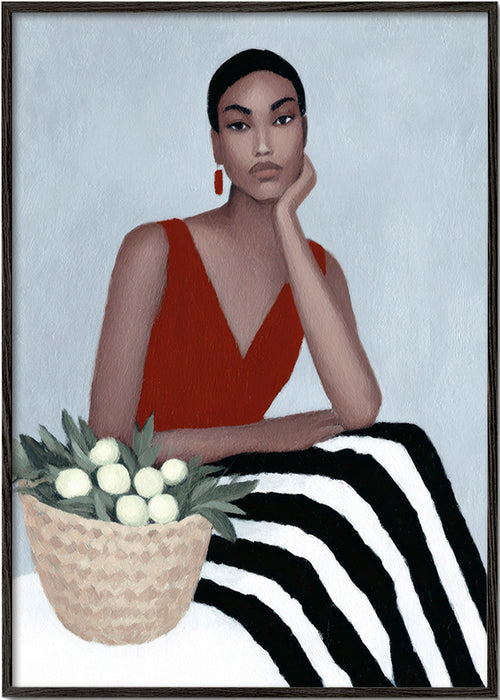 Ilustrace ženy v červených šatech – Black Frame