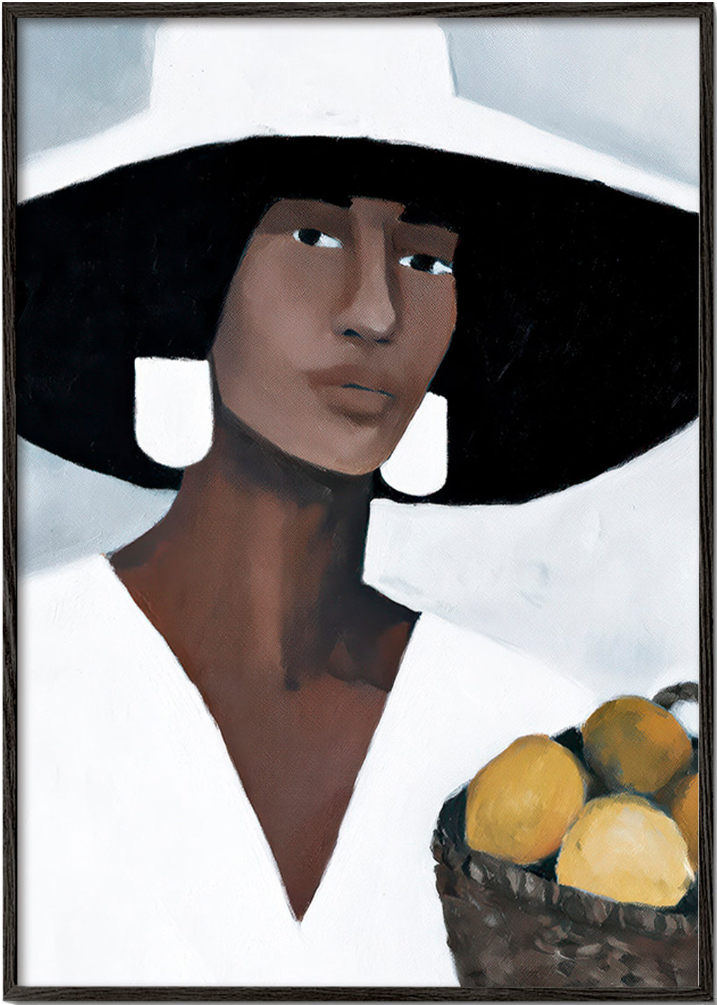 Obraz do kuchyně: žena s kloboukem a citrony – Black Frame