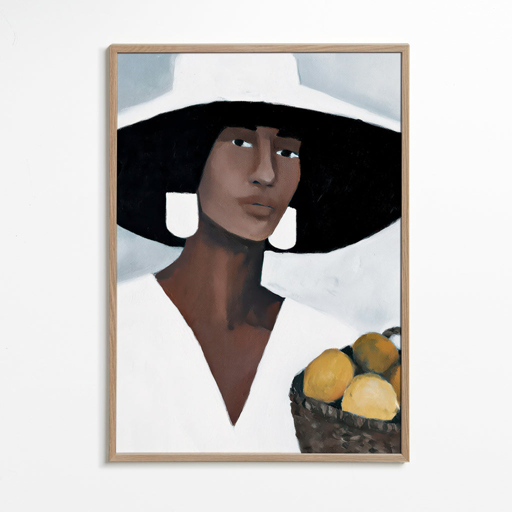 Obraz do kuchyně: žena s kloboukem a citrony – Oak Frame