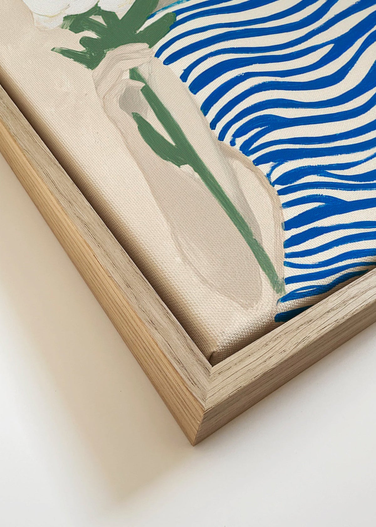 Botanický plakát: žena s květem a modrými pruhy – Canvas detail