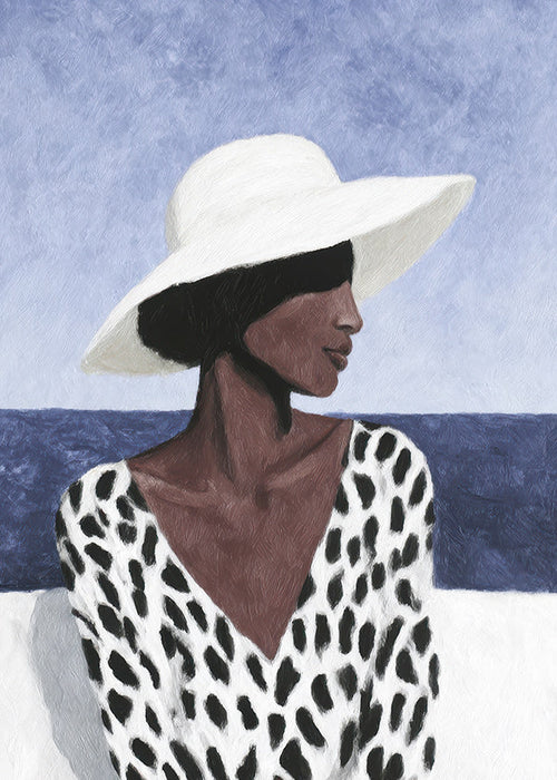 Ilustrace ženy s kloboukem u moře