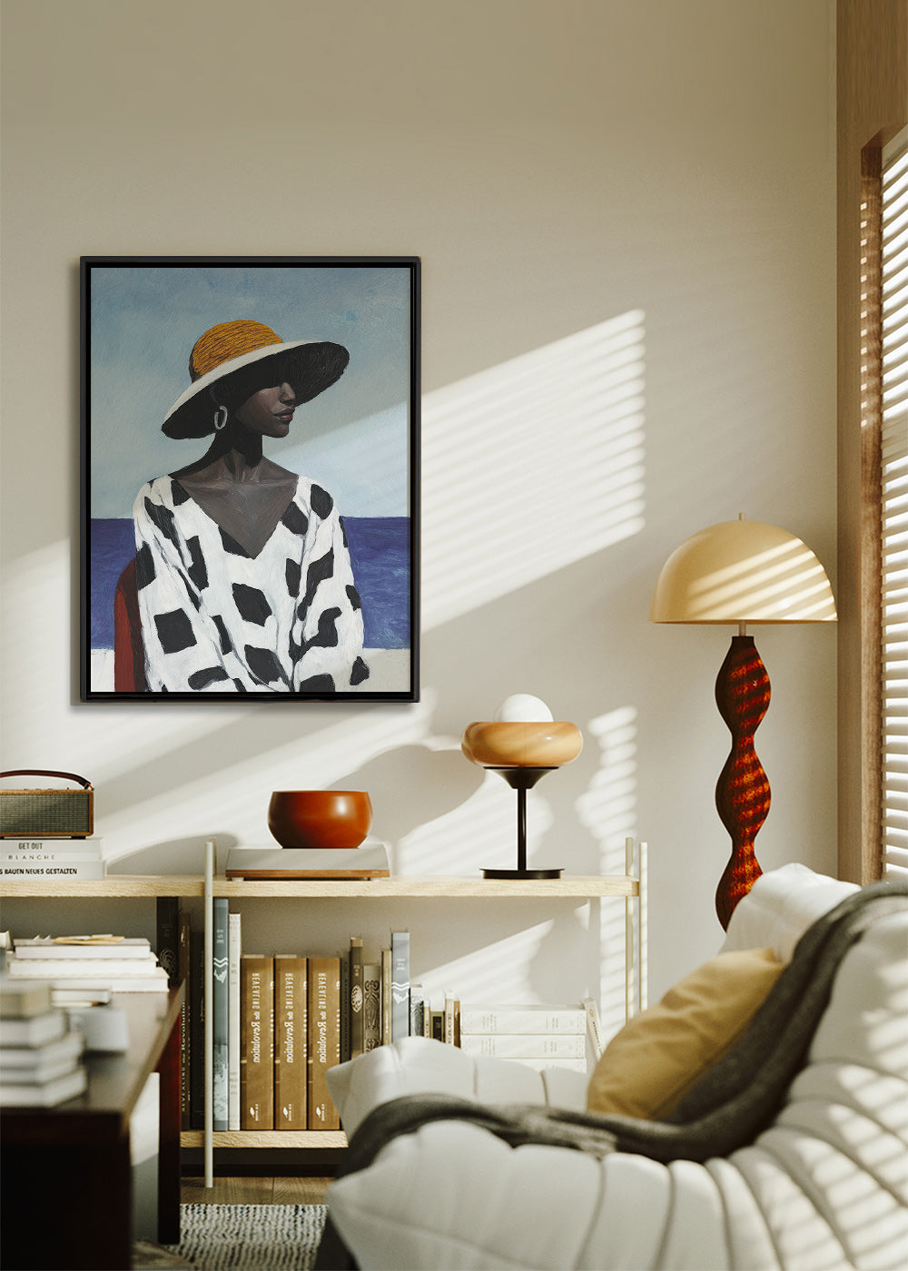 Cuadro retrato femenino con sombrero y mar – Canvas1