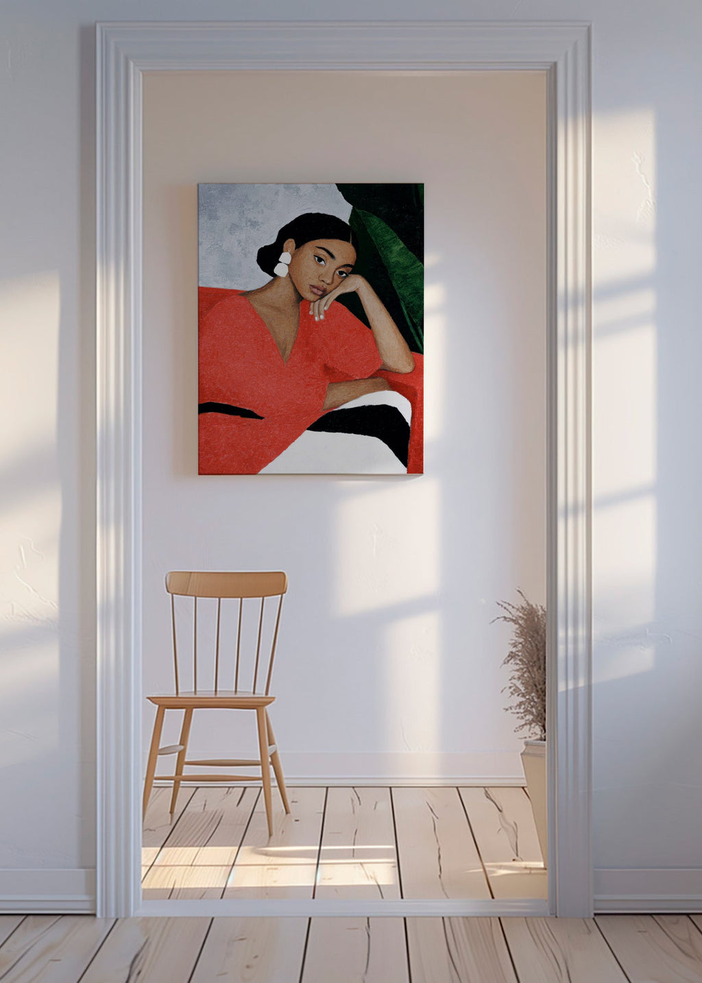 Ilustrace ženy v červených šatech s tropickým listem – Canvas