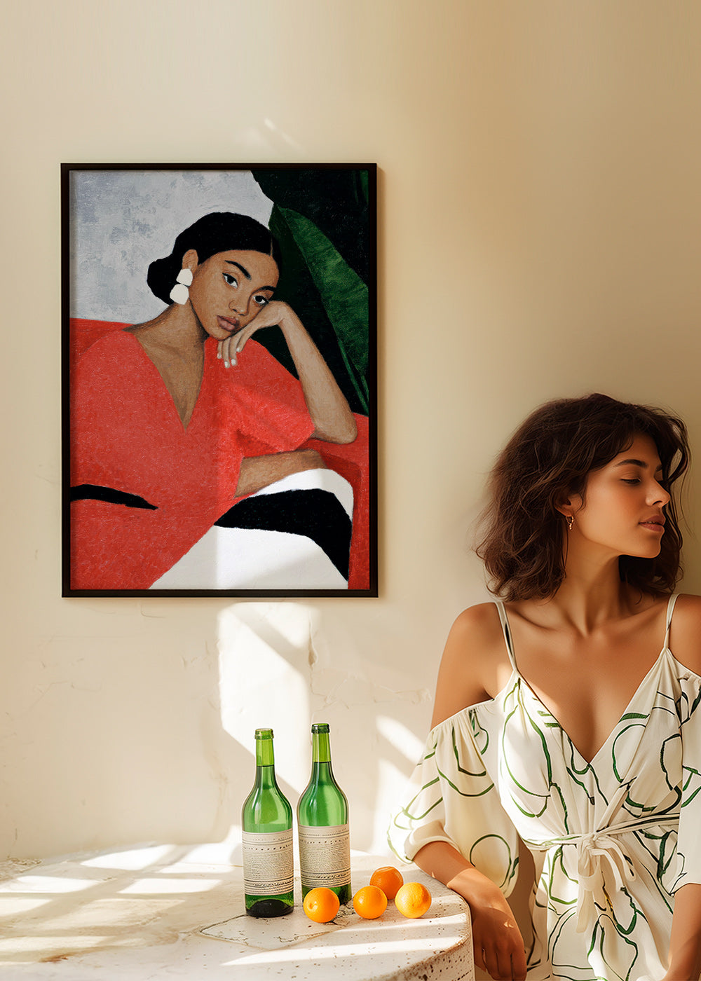 Ilustrace ženy v červených šatech s tropickým listem – Product2