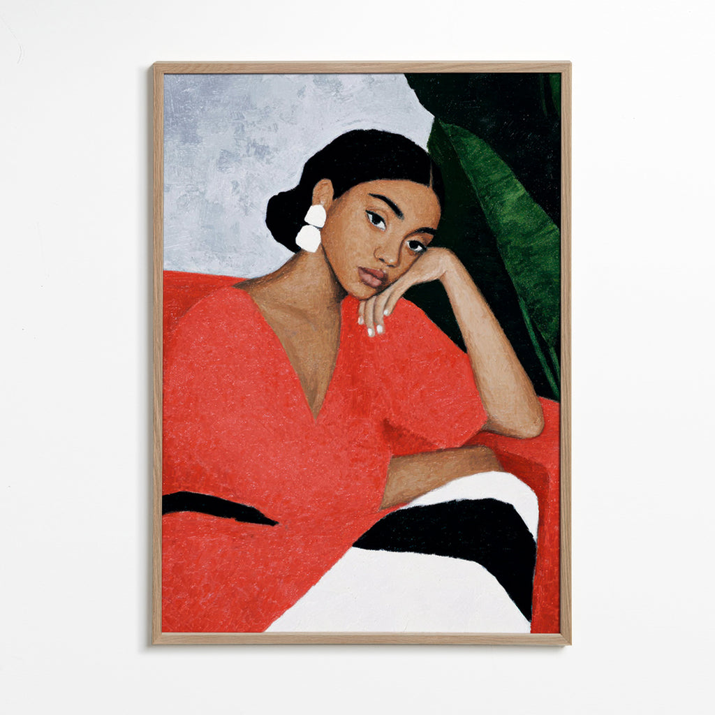 Ilustrace ženy v červených šatech s tropickým listem – Oak Frame