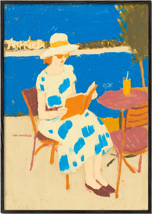 Ilustrace čtenářky u moře – Black Frame