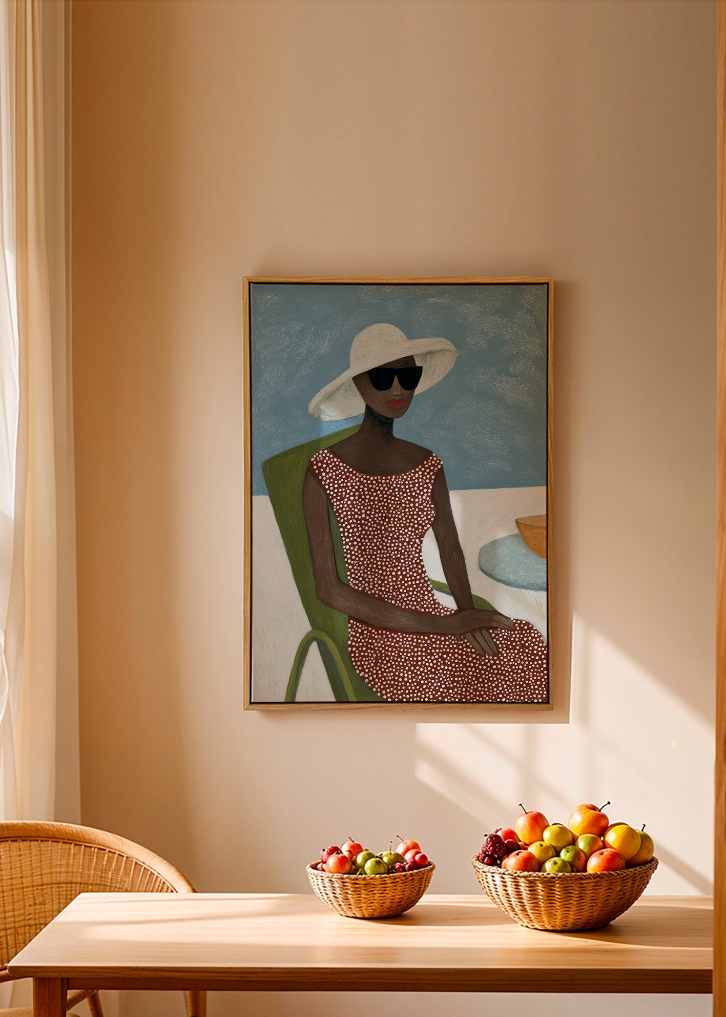 Ilustrace ženy s kloboukem na zelené židli – Canvas2