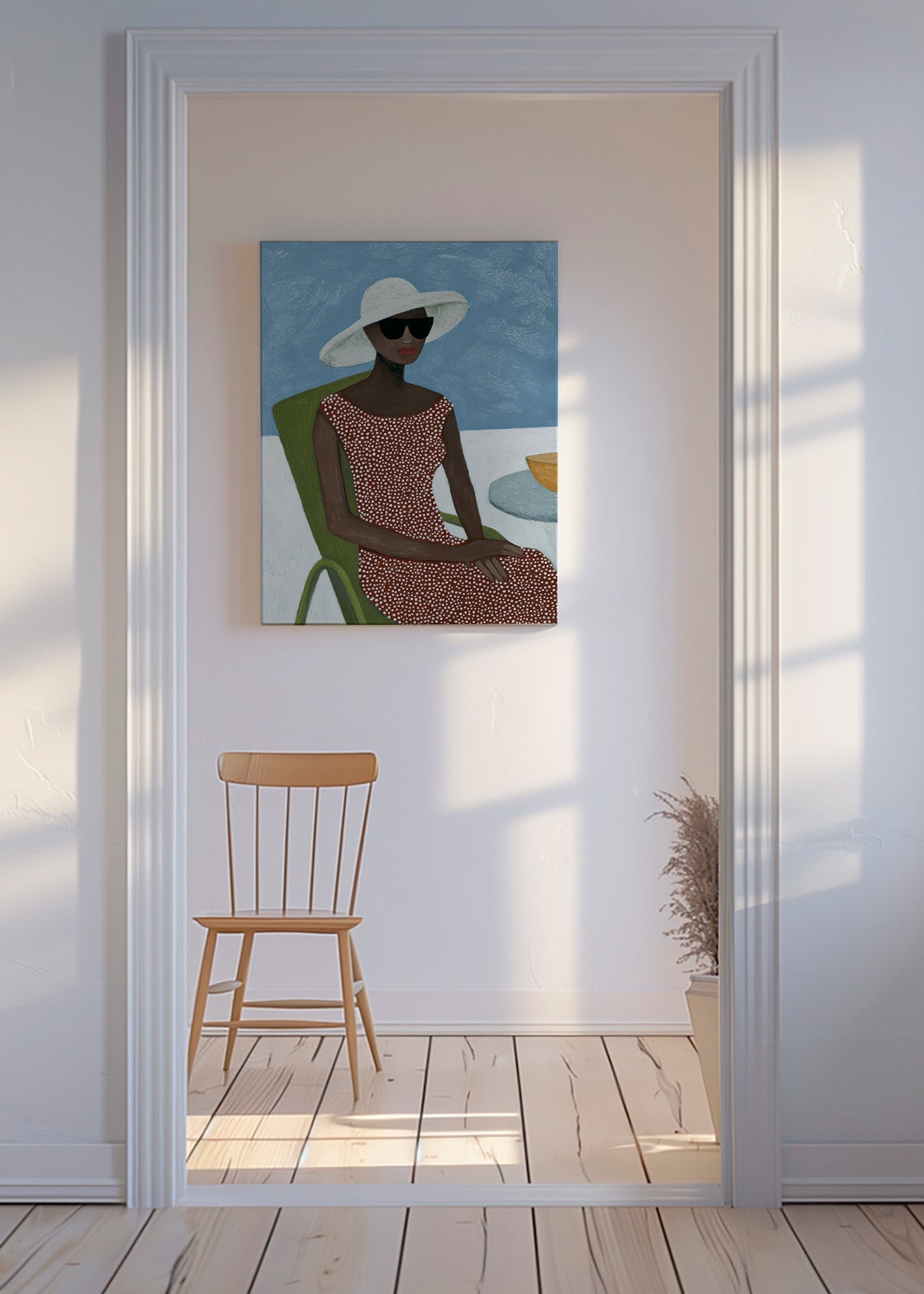 Ilustrace ženy s kloboukem na zelené židli – Canvas