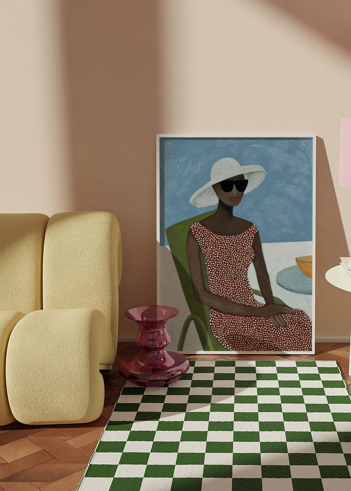 Ilustrace ženy s kloboukem na zelené židli – Product1
