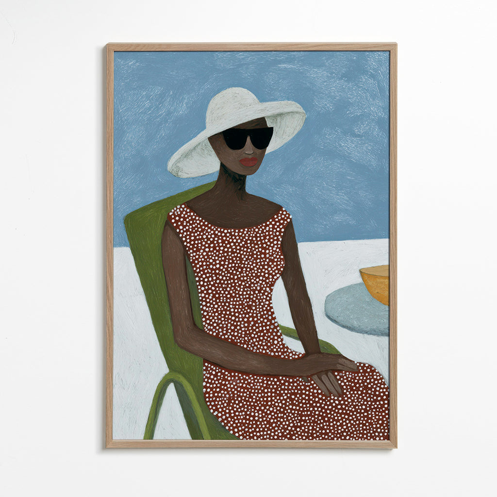 Ilustrace ženy s kloboukem na zelené židli – Oak Frame