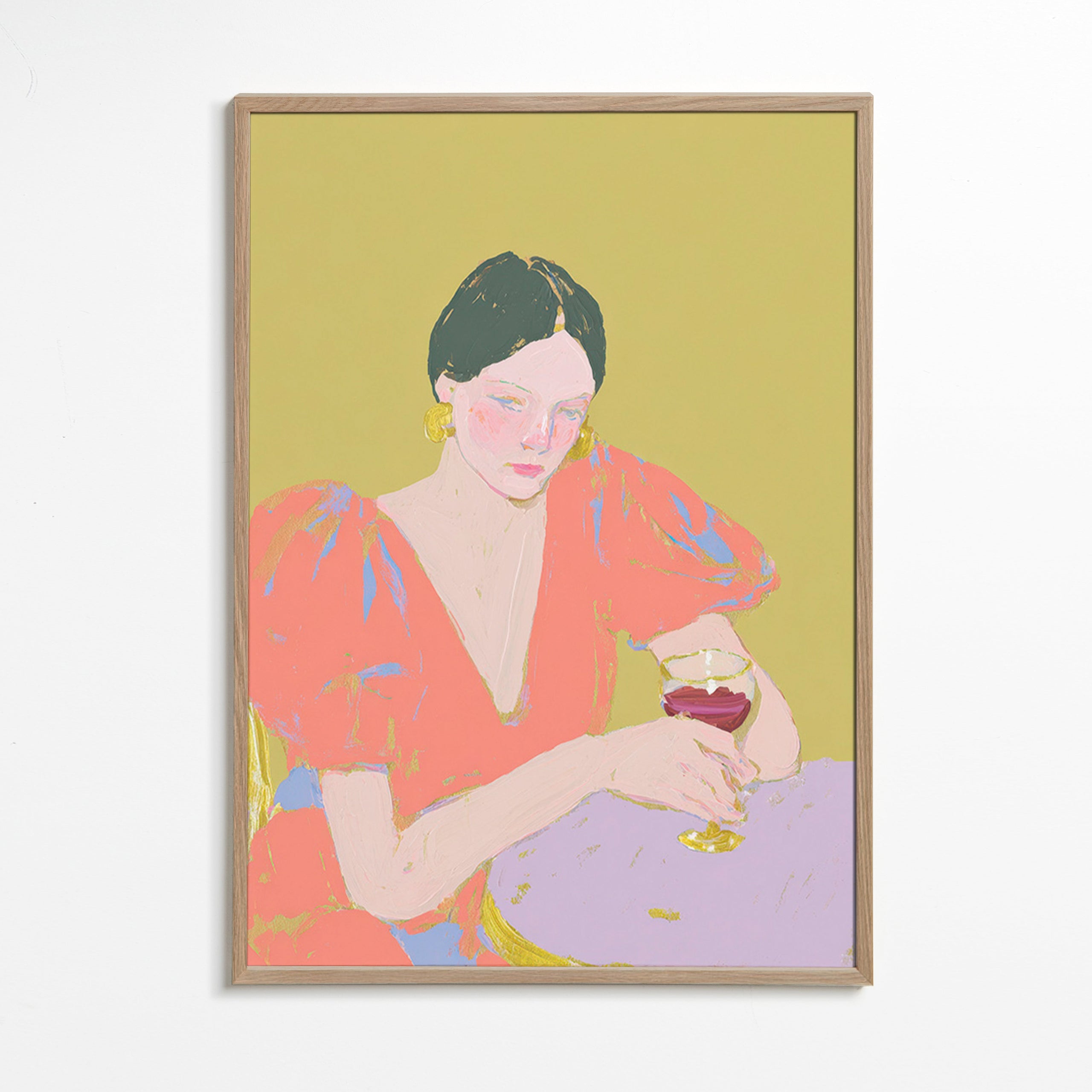 Obraz do kuchyně: žena s nápojem v pastelových tónech – Oak Frame