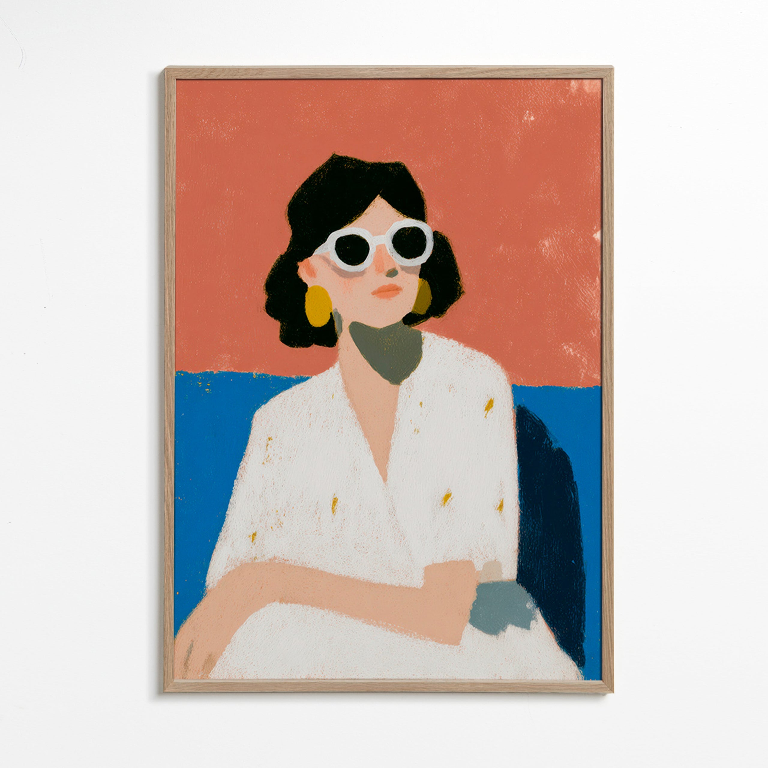 Ilustrace ženy s bílými brýlemi – Oak Frame
