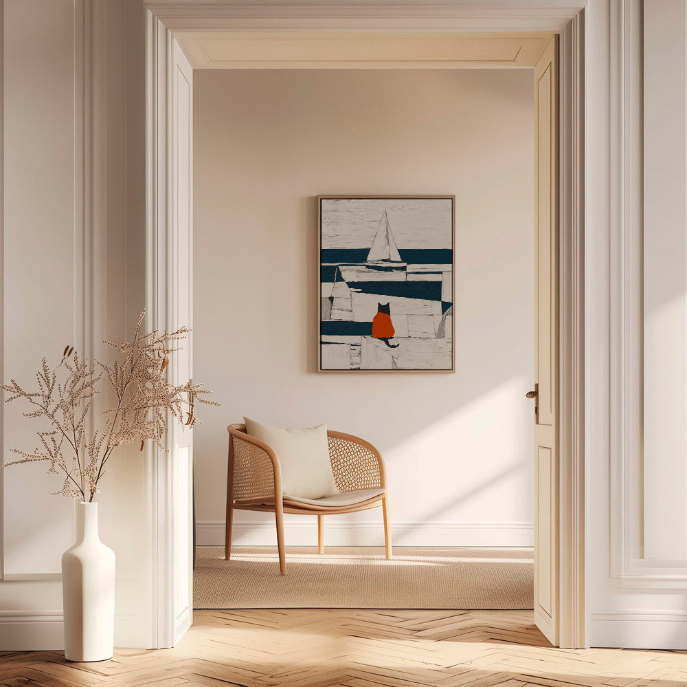 Dílo červená kočka v přístavu minimalistické – Canvas1