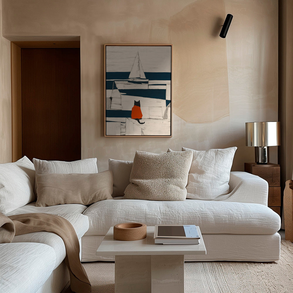 Dílo červená kočka v přístavu minimalistické – Canvas2