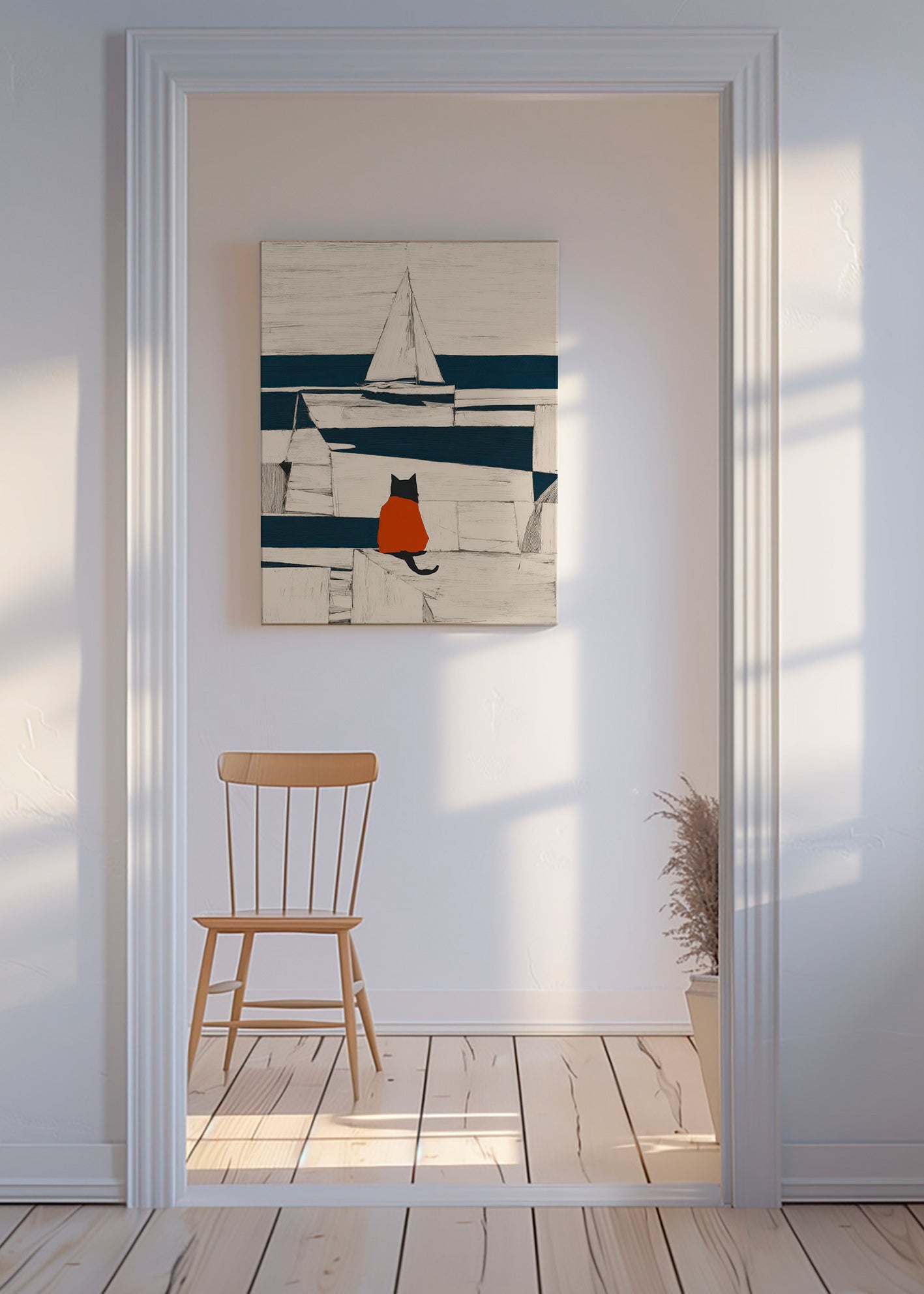 Dílo červená kočka v přístavu minimalistické – Canvas
