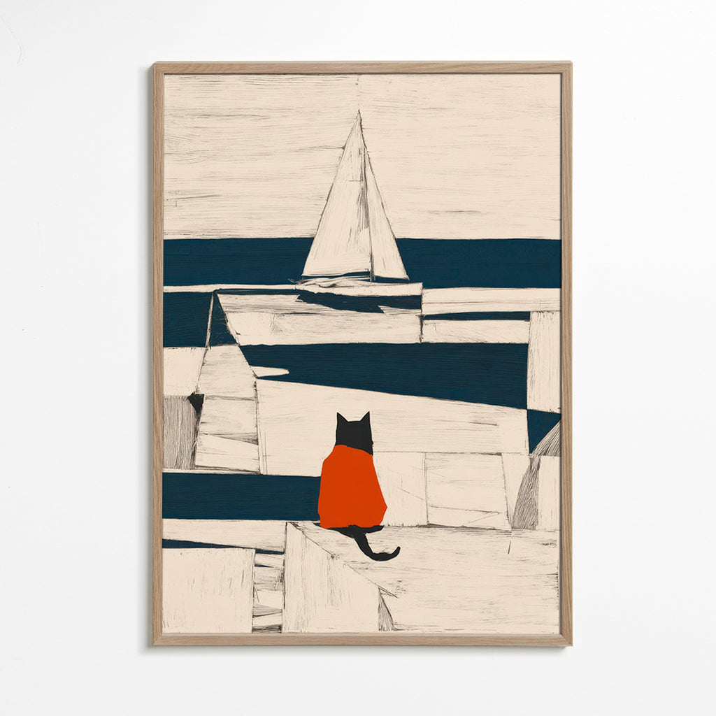 Dílo červená kočka v přístavu minimalistické – Oak Frame