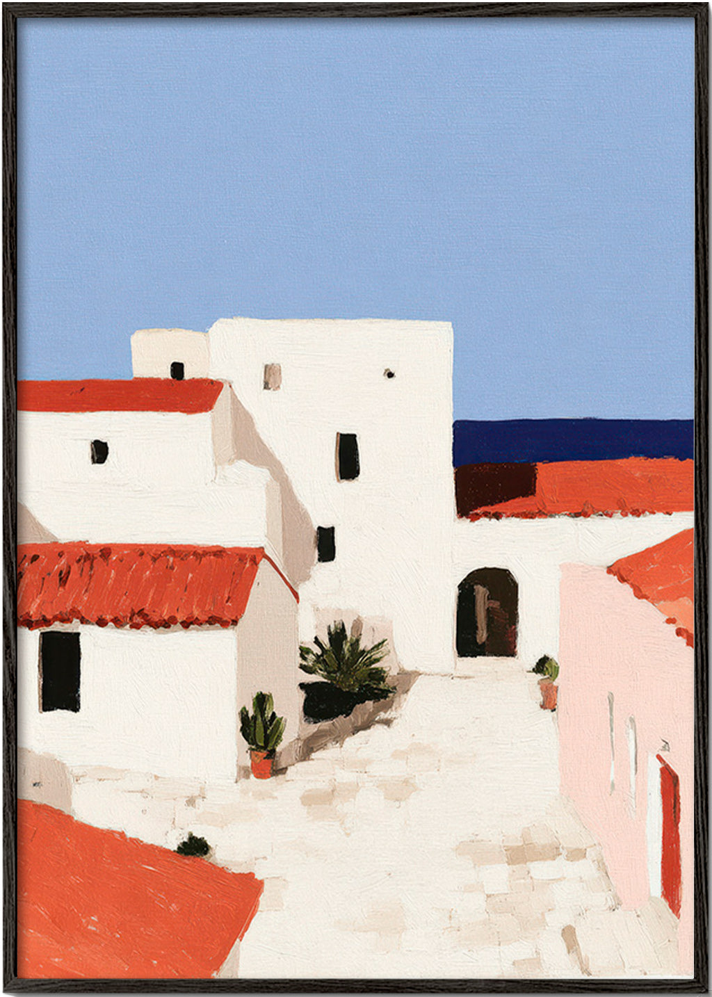 Středomořská krajina s červenými střechami – Black Frame