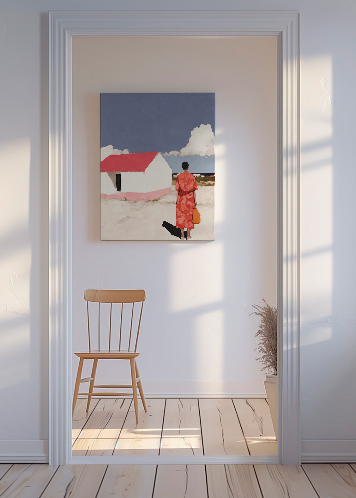Krajinomalba s postavou a červeným domkem – Canvas