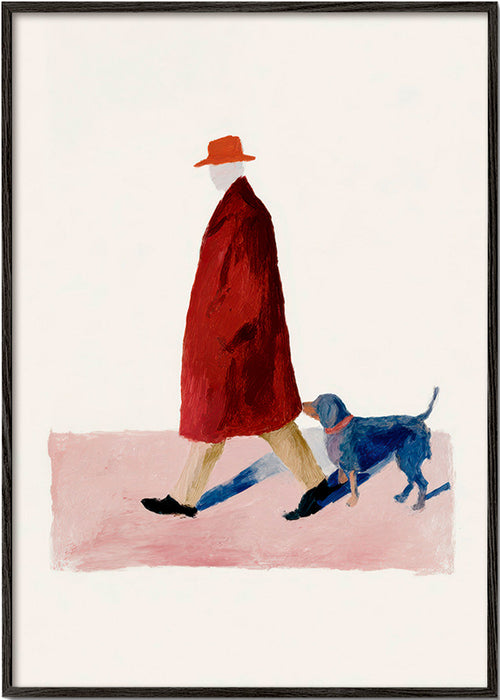 Ilustrace chodce v červeném kabátu – Black Frame