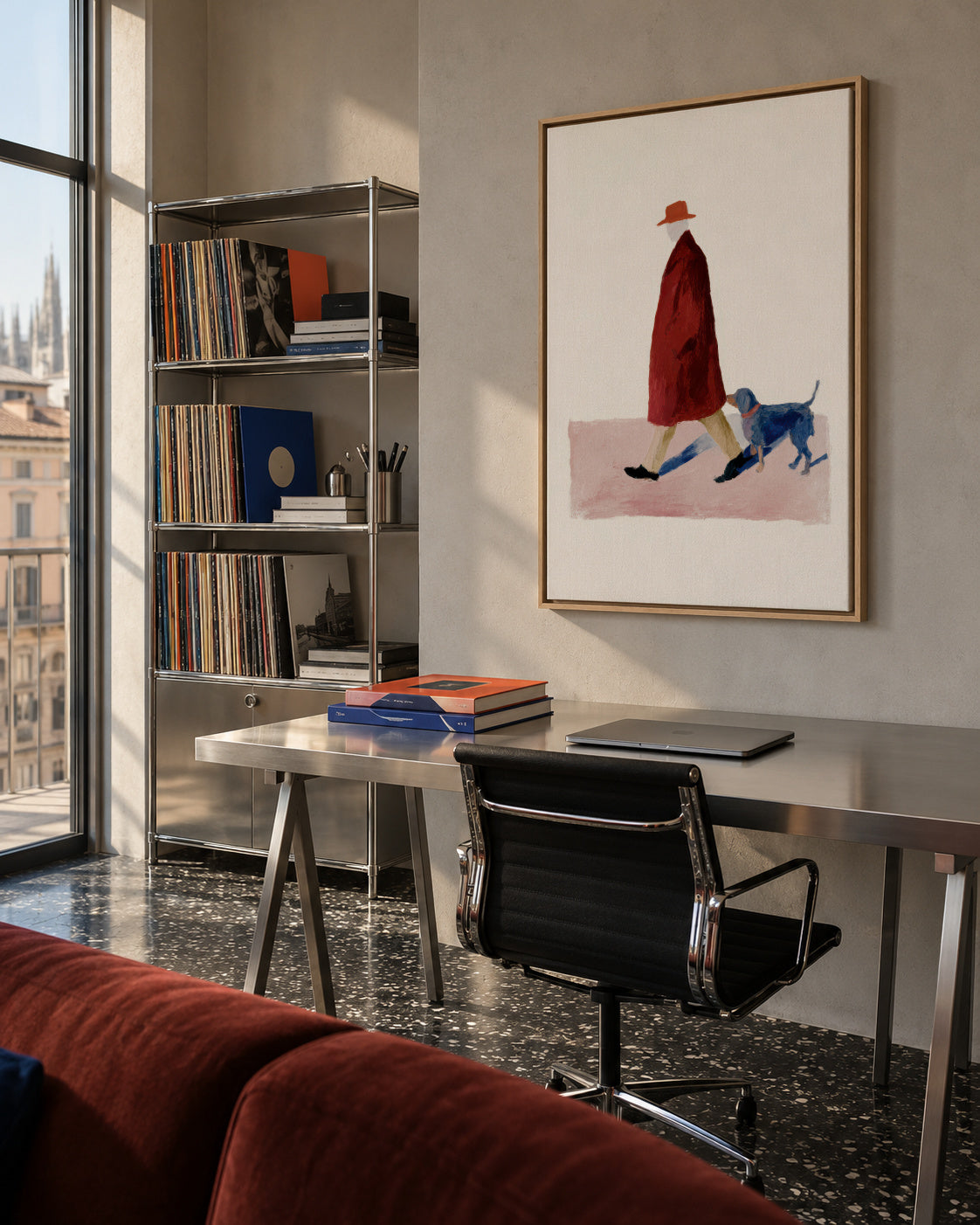 Red Coat Walk - Framed canvas in an interior