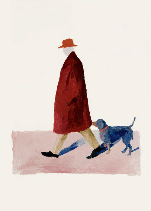 Ilustrace chodce v červeném kabátu