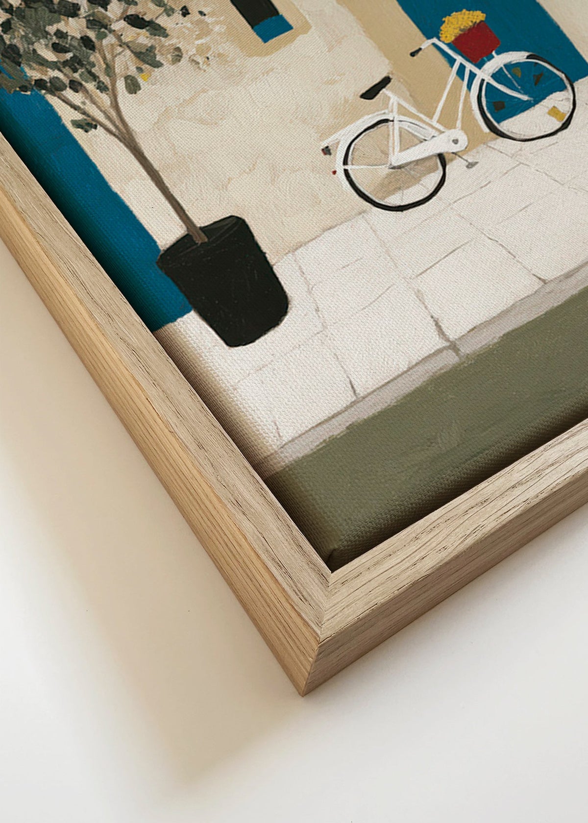 Ilustrace: kolo u modrých dveří – Canvas detail