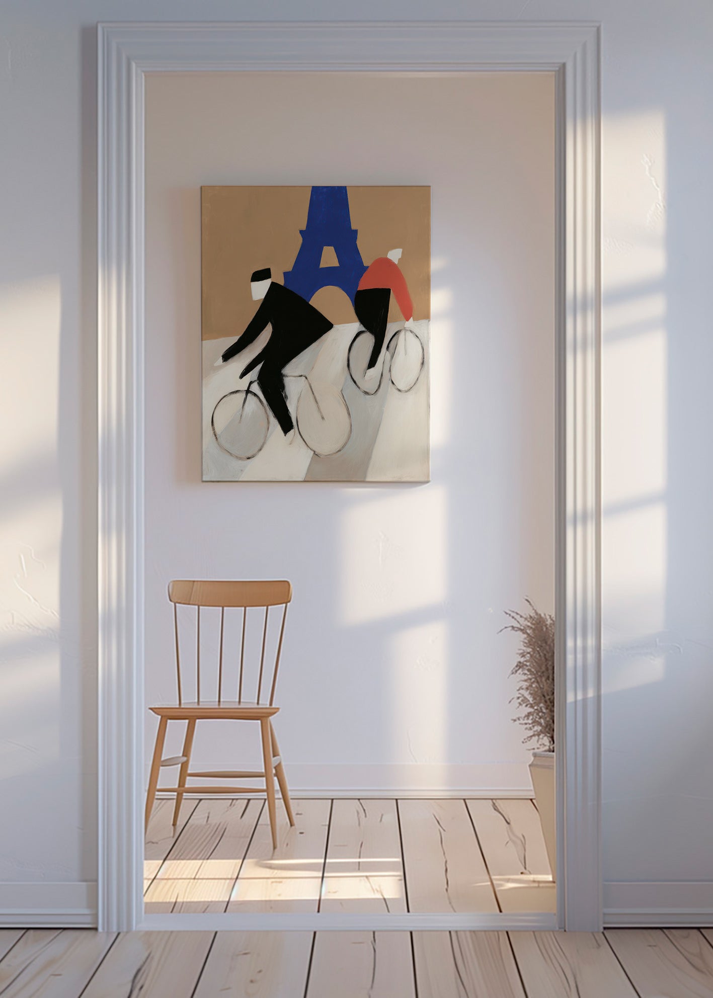 Obraz města s cyklisty a Eiffelovou věží – Canvas