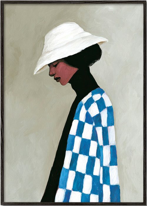 Ilustrace profil ženy s kloboukem a kostkovaným vzorem – Black Frame