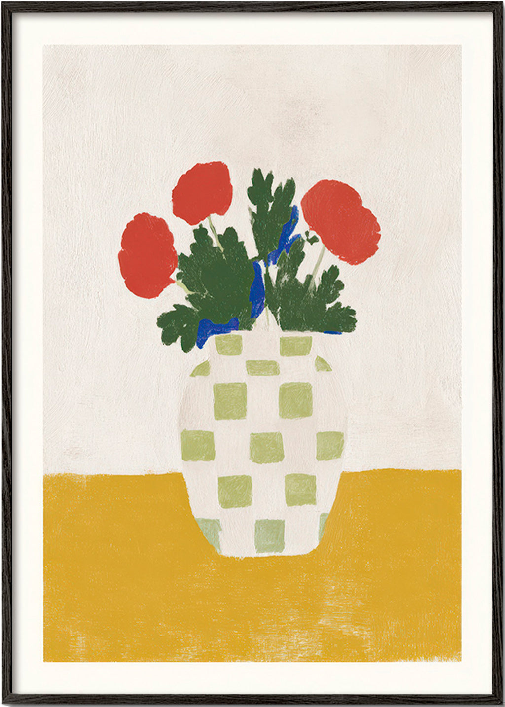 Botanický plakát: kostkovaný váza s mákem – Black Frame