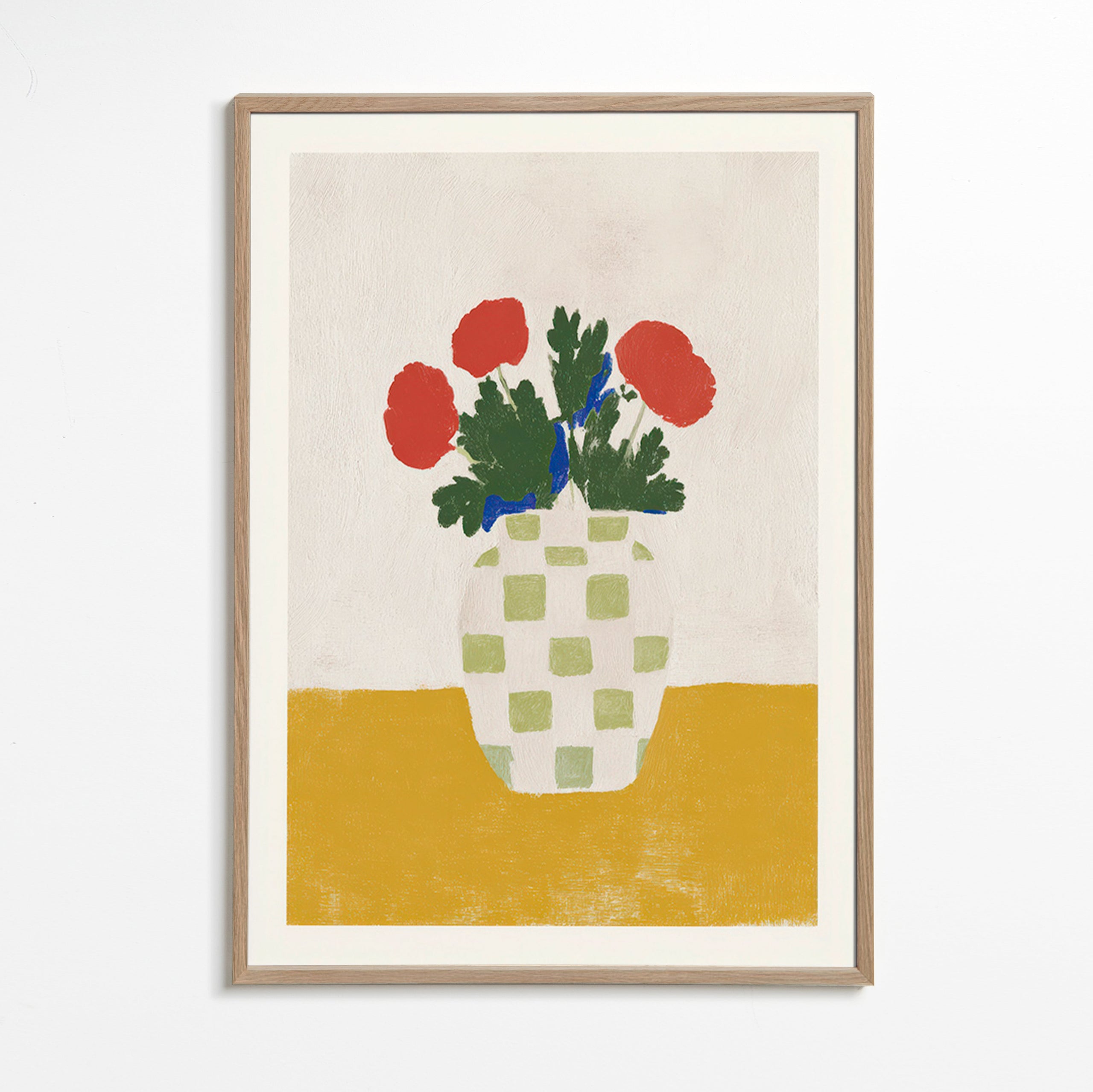 Botanický plakát: kostkovaný váza s mákem – Oak Frame