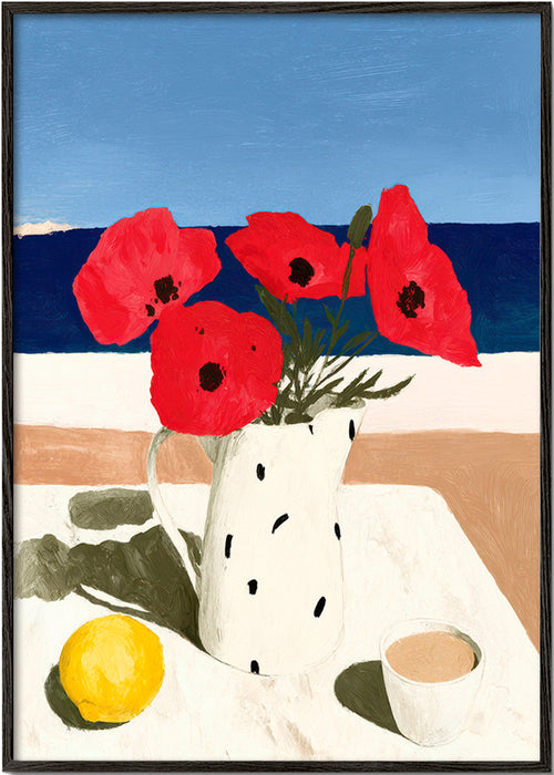 Botanický plakát máky u moře – Black Frame