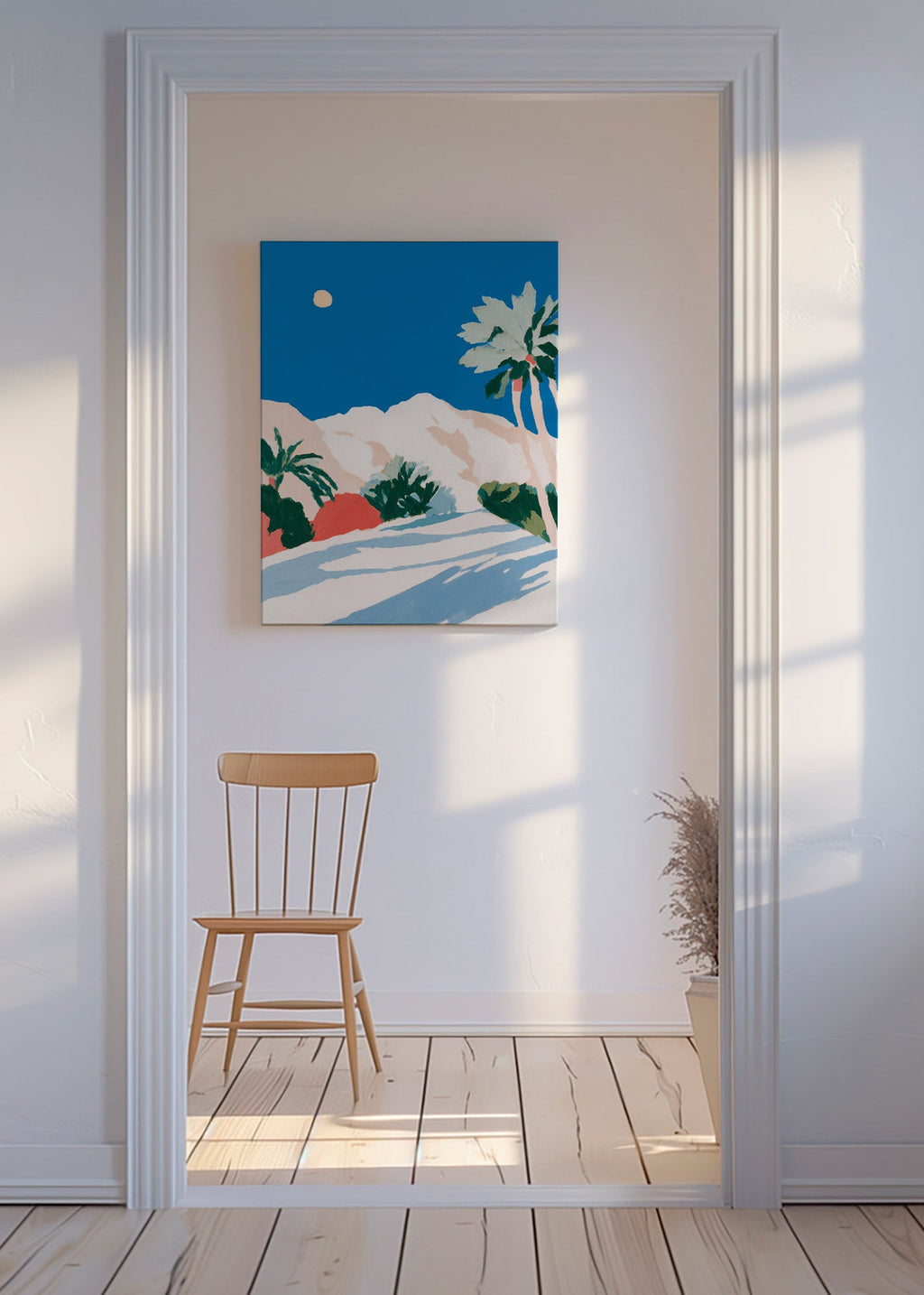 Botanický plakát s palmami a horou – Canvas