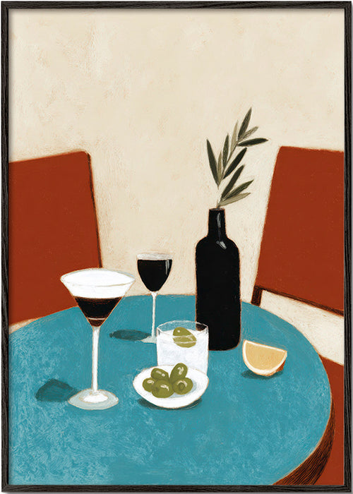 Obraz do kuchyně s aperitivem na modrém stole – Black Frame