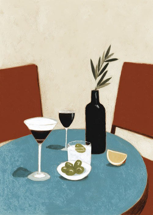 Obraz do kuchyně s aperitivem na modrém stole