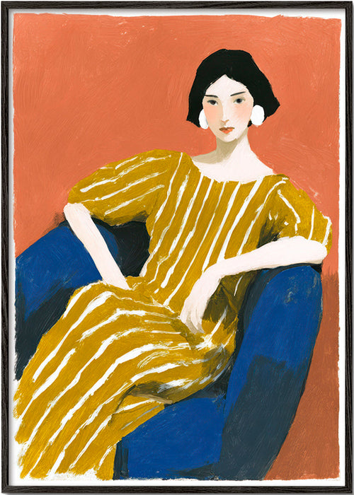 Ilustrace: sedící žena ve zlatých pruzích – Black Frame