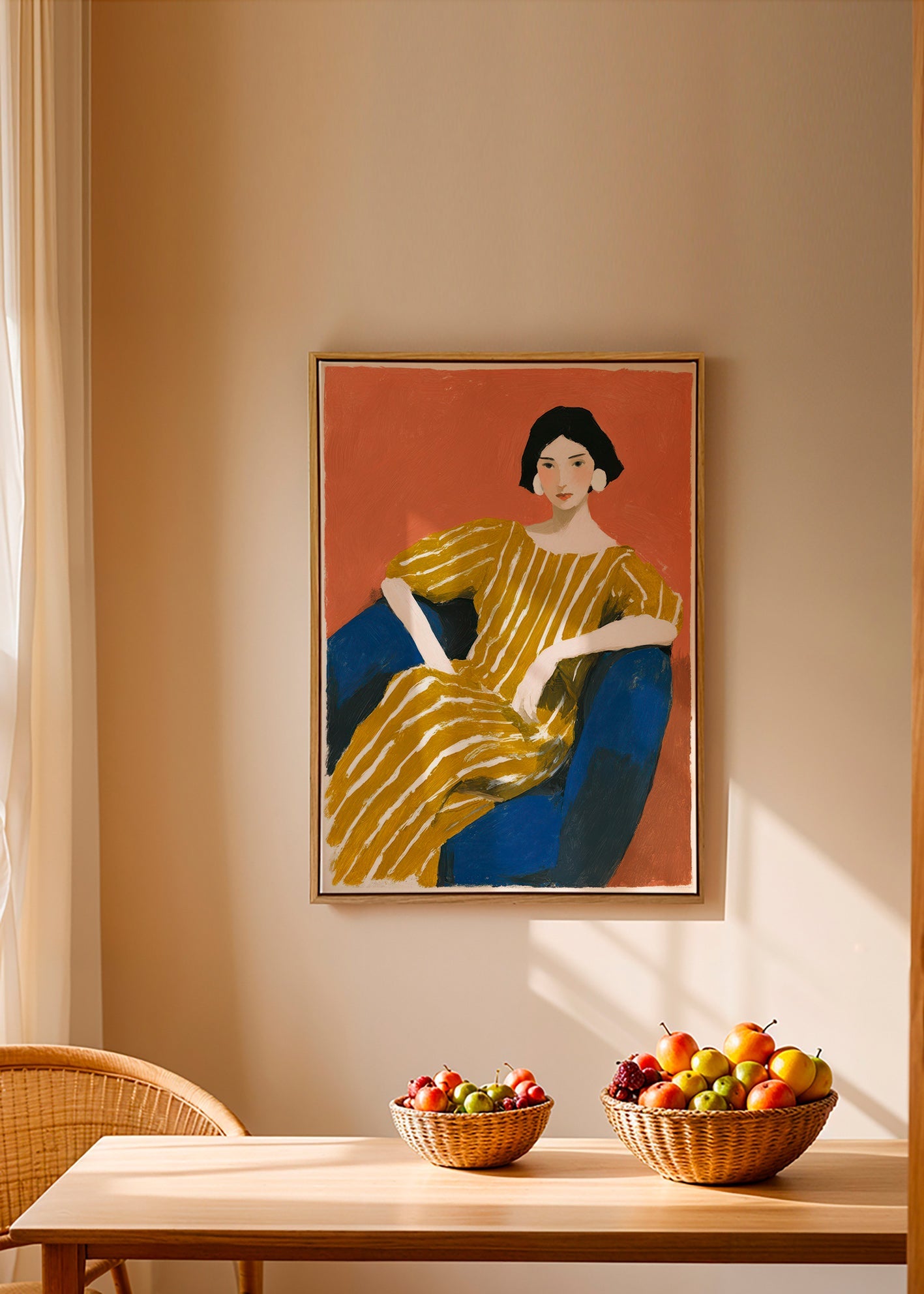 Ilustrace: sedící žena ve zlatých pruzích – Canvas1