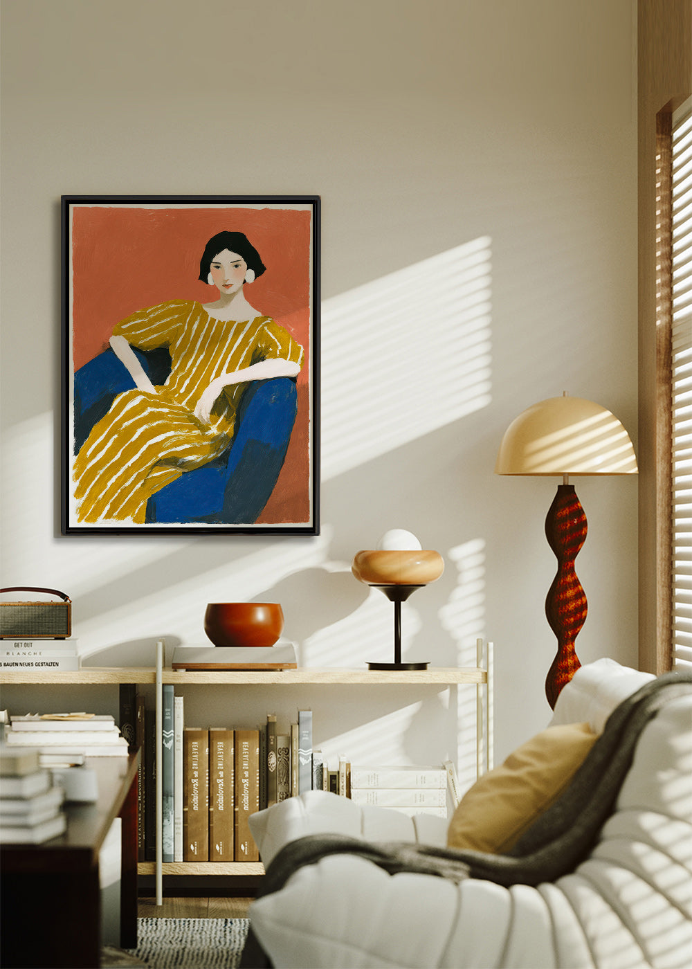 Ilustrace: sedící žena ve zlatých pruzích – Canvas2