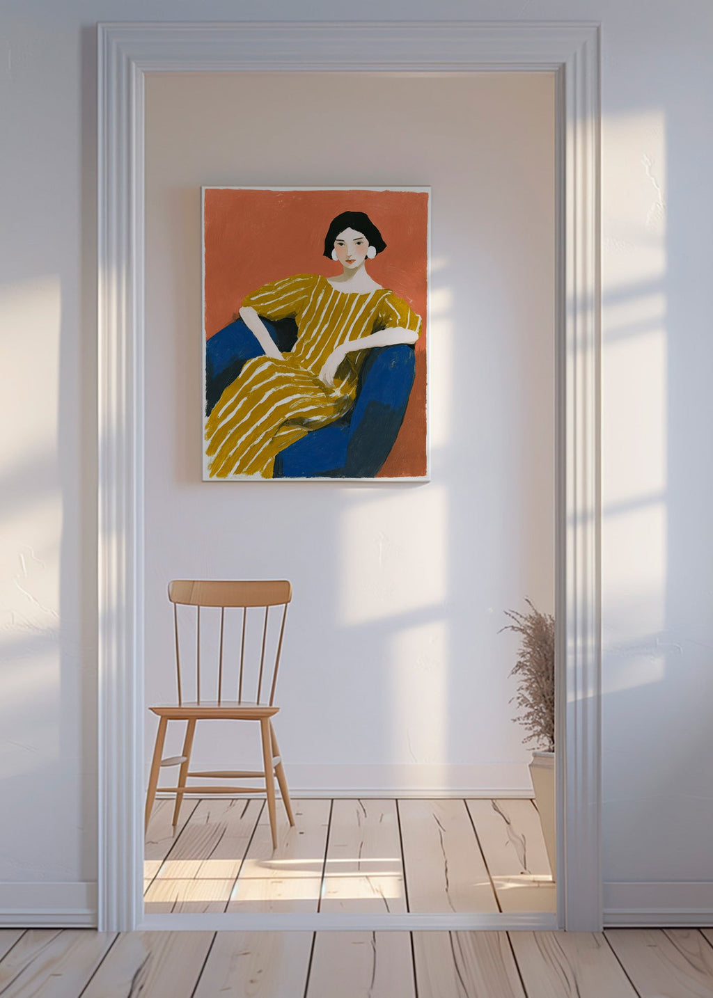 Ilustrace: sedící žena ve zlatých pruzích – Canvas