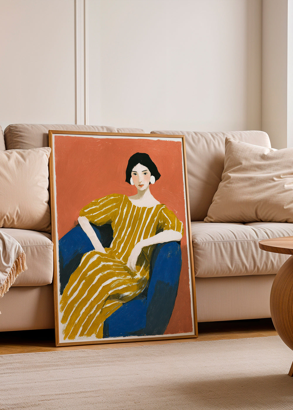 Ilustrace: sedící žena ve zlatých pruzích – Product1