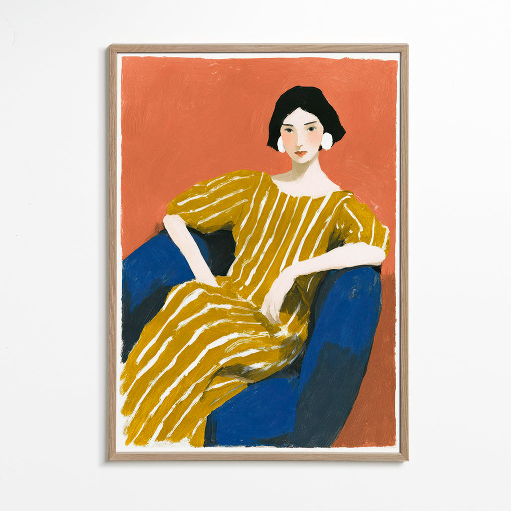 Ilustrace: sedící žena ve zlatých pruzích – Oak Frame