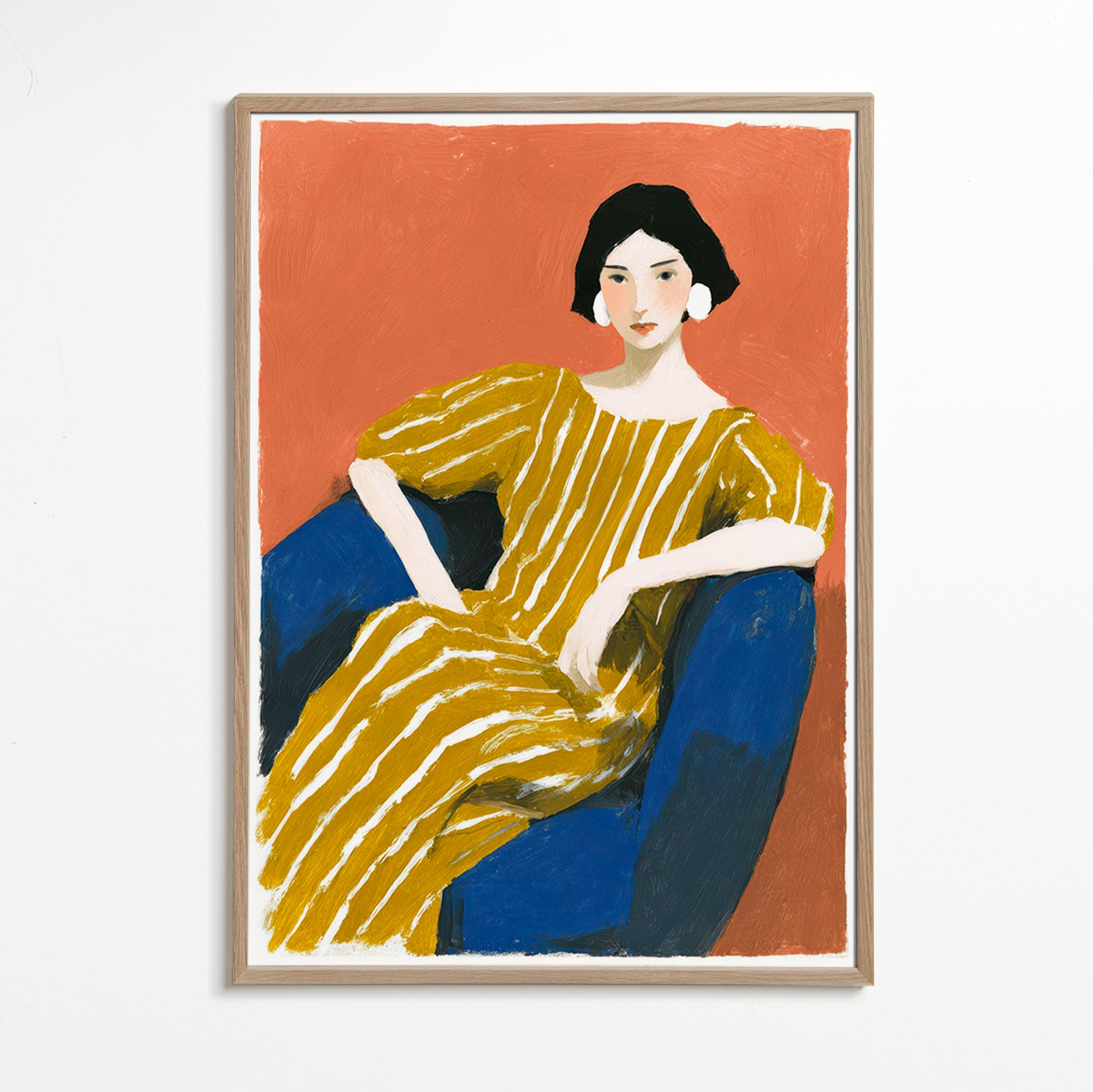 Ilustrace: sedící žena ve zlatých pruzích – Oak Frame