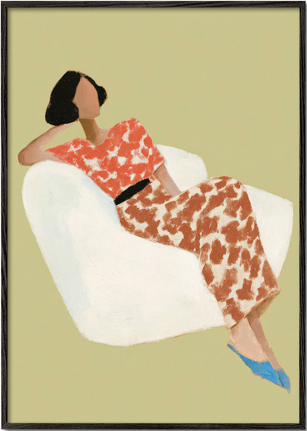 Ilustrace ležící postavy v bílém křesle – Black Frame