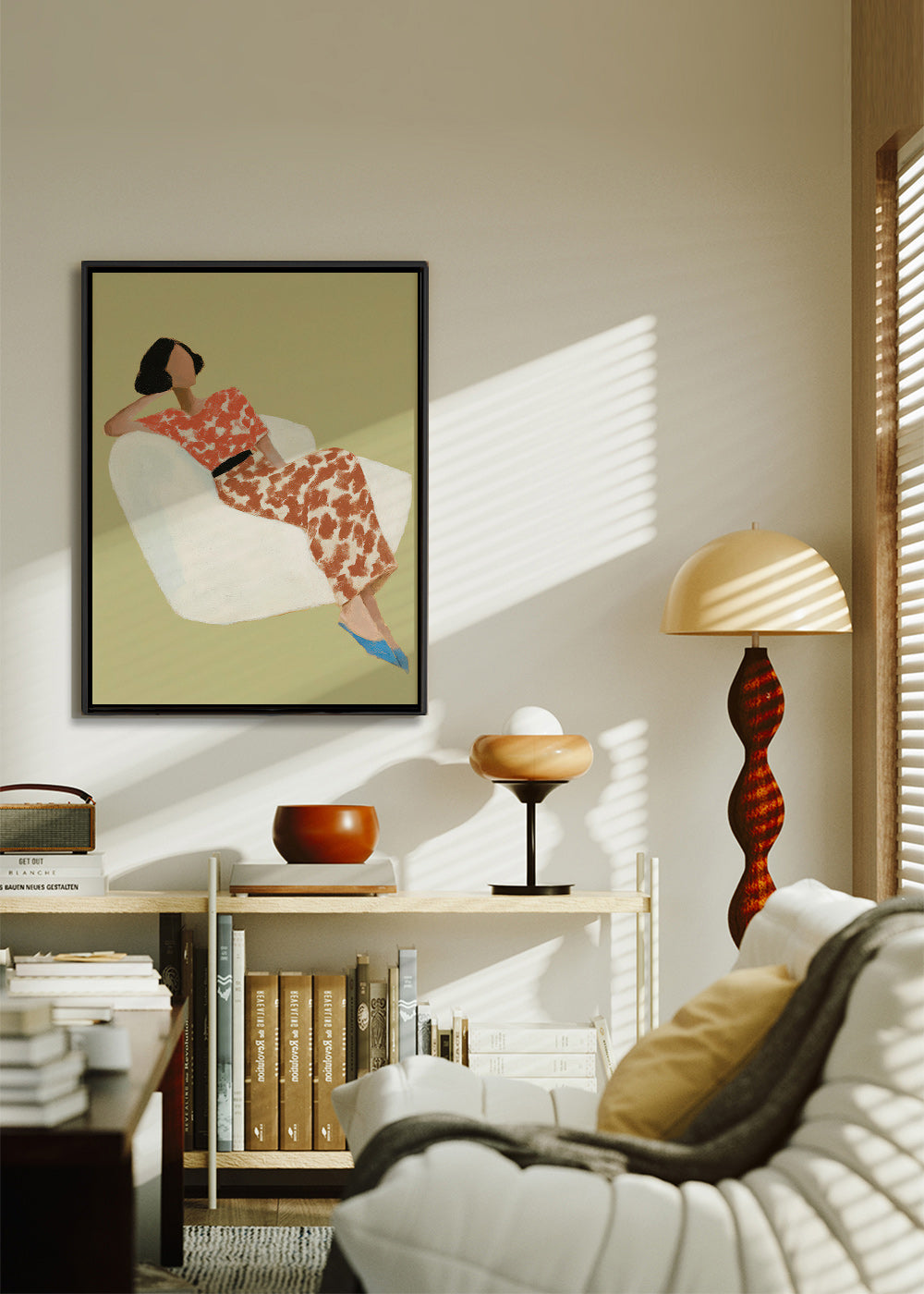 Ilustrace ležící postavy v bílém křesle – Canvas2